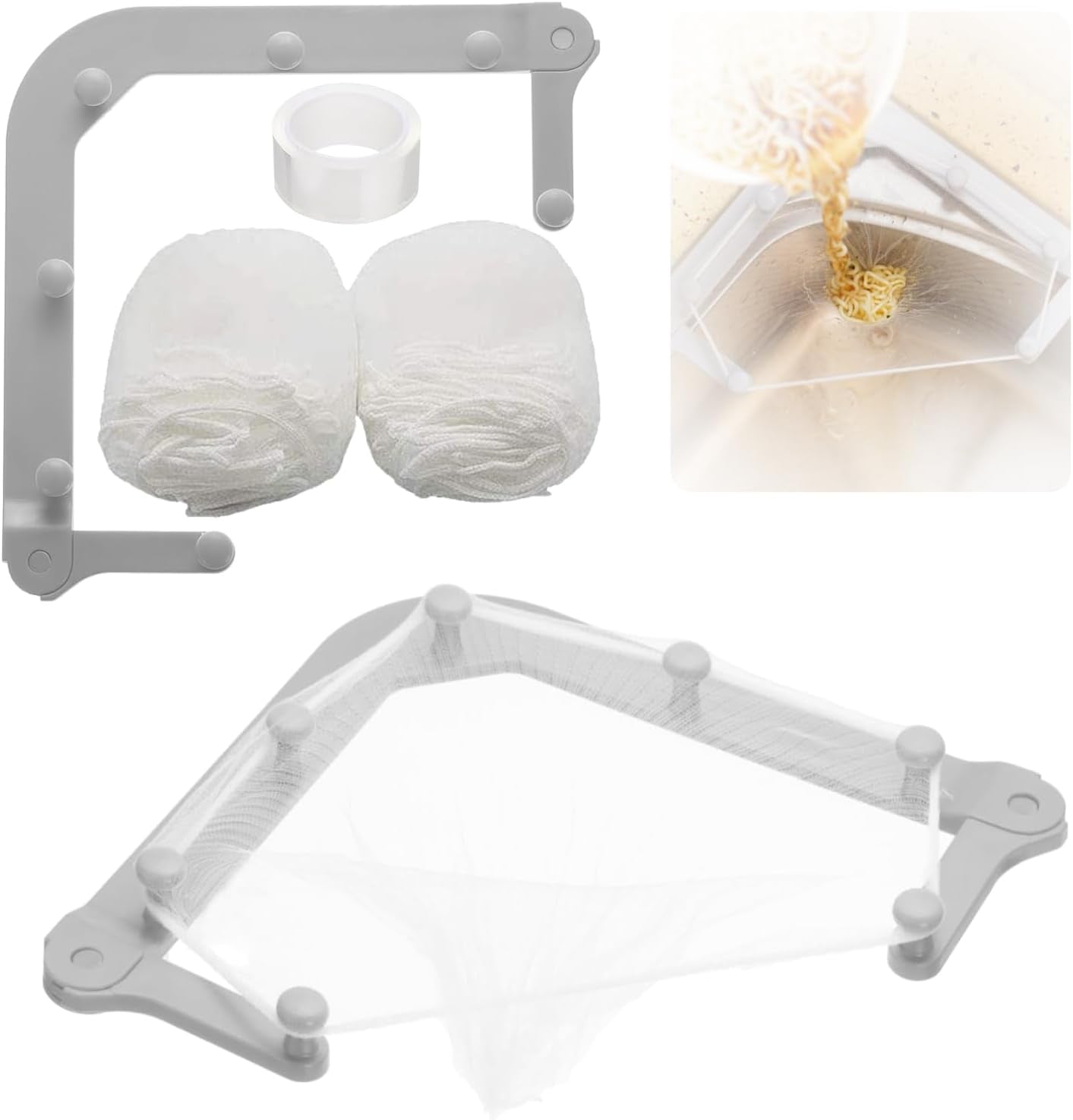 Adjustable Triangle Kitchen Sink Strainer, Sink Drain Filter with 100 Mesh Bags - No Tools Needed Tri-Holder Rack for Leftover Food, Prevent Clogging, Universal Fit for All Sinks (Grey)