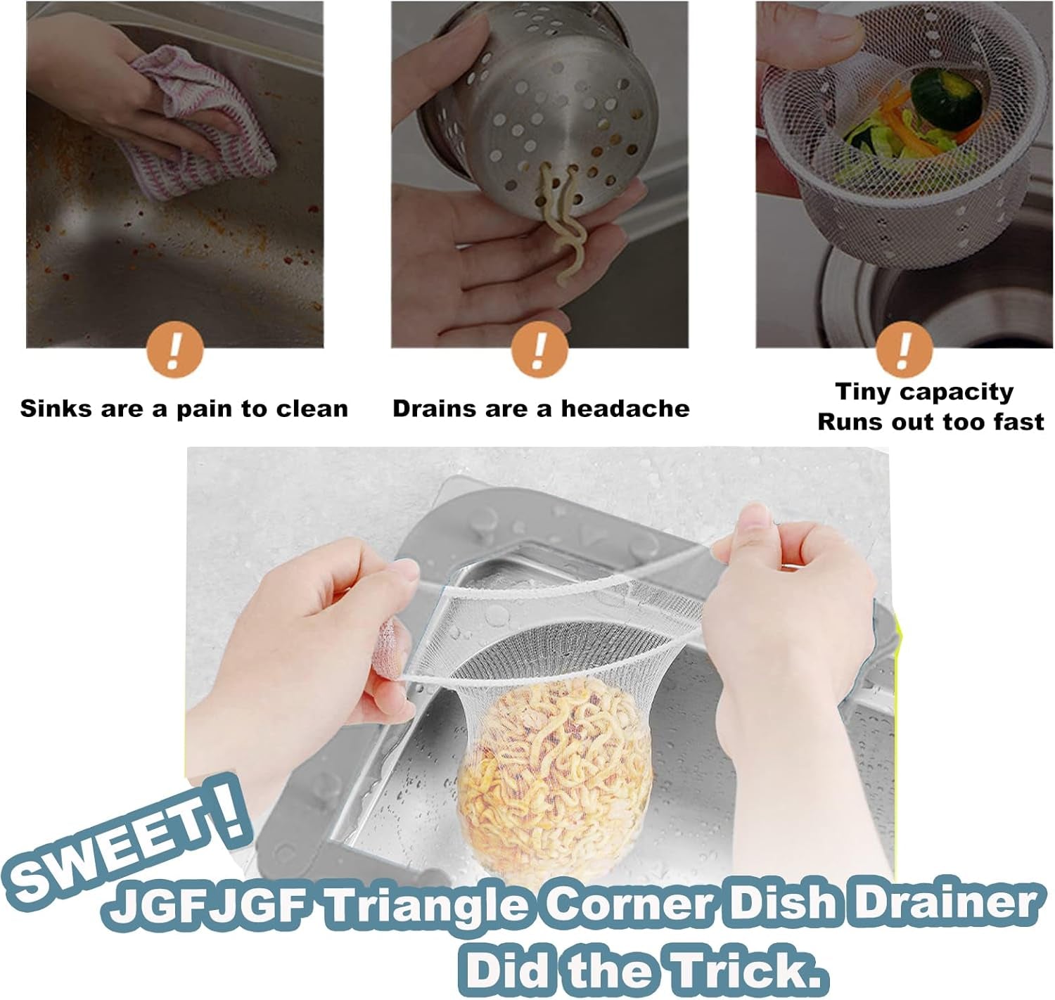 Adjustable Triangle Kitchen Sink Strainer, Sink Drain Filter with 100 Mesh Bags - No Tools Needed Tri-Holder Rack for Leftover Food, Prevent Clogging, Universal Fit for All Sinks (Grey)