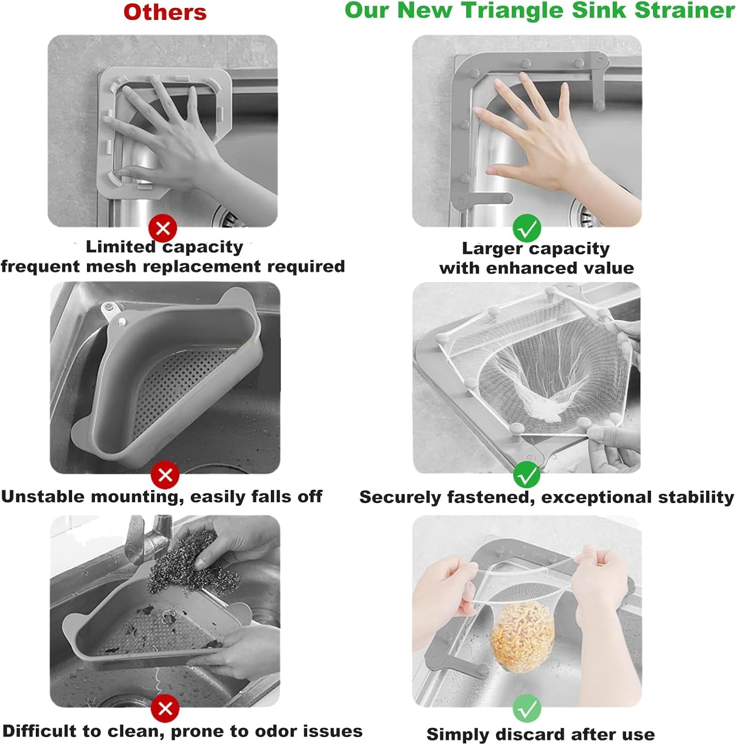 Adjustable Triangle Kitchen Sink Strainer, Sink Drain Filter with 100 Mesh Bags - No Tools Needed Tri-Holder Rack for Leftover Food, Prevent Clogging, Universal Fit for All Sinks (Grey)