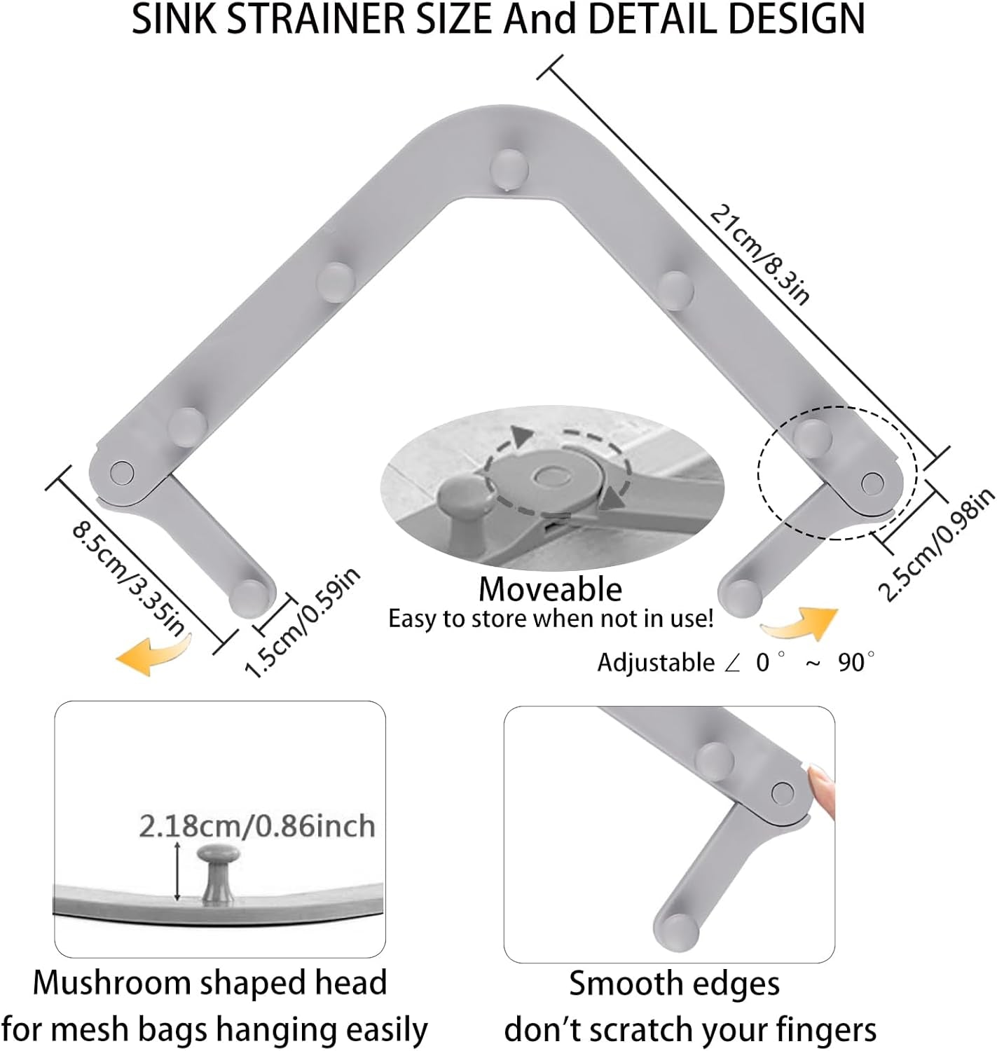 Adjustable Triangle Kitchen Sink Strainer, Sink Drain Filter with 100 Mesh Bags - No Tools Needed Tri-Holder Rack for Leftover Food, Prevent Clogging, Universal Fit for All Sinks (Grey)